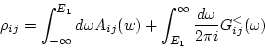 \begin{displaymath}
\rho_{ij} = \int_{-\infty}^{E_1} d\omega A_{ij}(w) +
\int_{E_1}^{\infty} \frac{d\omega }{2\pi i} G_{ij}^<(\omega )
\end{displaymath}