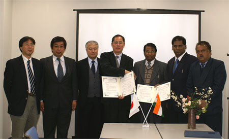 "From left to right: Dr. Hanagata, Dr.Uchida, Dr. Noda (NIMS Vice President), Dr. Tanaka (BMC Director-General), Mr.G.Viswanathan (VIT Chancellor), Mr. Sampath (VIT Pro-Chancellor) and Dr. Sethumadhavan." Image