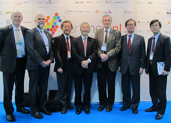 "Meeting at “nano tech 2013” between the executives from both sides(from left, Mr. Paul op den Brouw, Innovatie Attaché from Dutch Embassy, Business Director Mr. Dick Koster, Dr. Johsei Nagakawa, Deputy General Manager of Academic Collaboration, President Sukekatsu Ushioda, Vice President Prof. Fred van Keulen,  Dr. Masakazu Aono, Director General of MANA, and Executive Vice President Dr. Junichi Sone)" Image