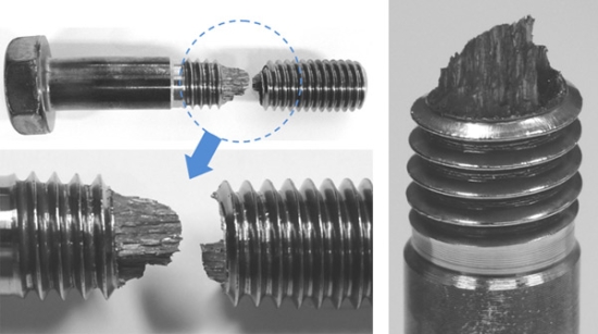"Fig. 1 Appearance of the developed hex bolt (M12). Tensile strength of bolt product = 1848MPa.Location of fracture, showing a fracture mode characterized by resistance to crack propagation." Image