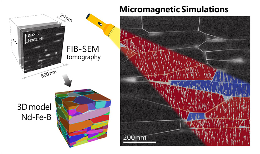 "Figure. The concept of developing a 3D polycrystalline model from scanning electron microscopy (SEM) images acquired in a tomographic manner using a focused ion beam (FIB). This approach was applied to ultrafine-grained Nd-Fe-B magnets to shed light via micromagnetic simulations on how the reproduced microstructure and its features affect the magnetic properties of the magnets." Image