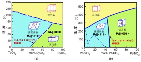 「プレス資料中の図1強磁性材料TbCo2-DyCo2の状態図(a)と強誘電材料PZTの状態図(b)の類似性及び共通特徴を持つモルフォトロピック相境界(矢印)。強磁性のモルフォトロピック相境界は磁気・結晶構造の異相境界であり、強誘電体のモルフォトロピック相境界は電気分極・結晶構造の異相境界である。」の画像