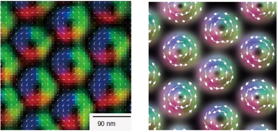 「プレス資料中の図4:ローレンツ電子顕微鏡法によって得られたら2次元スキルミオン結晶 (左) とモンテカルロ法シミュレーションで得られた2次元スキルミオン結晶図 (右)」の画像