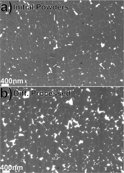 「プレス資料中の図1　250 nmのナノ結晶から構成されるNd-Fe-B系HDDR磁粉の走査電子顕微鏡像。(a)は拡散処理前の保磁力16 kOeの磁石、(b)はNd-Cu合金の拡散処理後の保磁力19.6 kOeの磁石の組織。(b)では暗く観察されている磁石の結晶が明るく観察されるNdの濃化した相により分断されている。」の画像