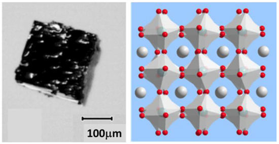 「プレス資料中の図1 : ペロブスカイト型オスミウム酸化物の結晶写真 (左図) とその結晶構造の模式図 (右図) 。白丸はナトリウムイオン、赤丸は酸素イオン、八面体の中心部分にオスミウムイオンがある。」の画像