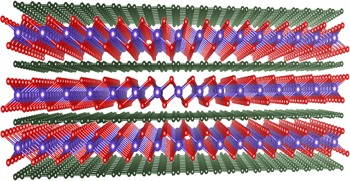 「プレスリリースの図1 : 酸化マンガンナノシート (赤・青) とグラフェン (緑) の複合材料構造の模式図」の画像
