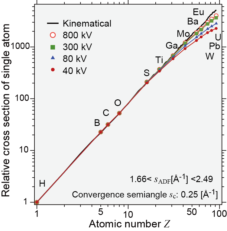 Electron-optical simulation of high-angle annular dark-field images of single atoms.