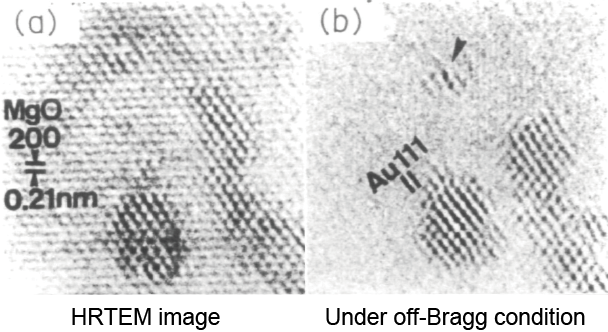 Side-by-side conventional HRTEM image and Off-Bragg HRTEM of Au clusters embedded in MgO matrix. The left panel labeled HRTEM image displays lattice fringes of MgO matrix. The right panel labeled Under off-Bragg condition shows Au-clusters.