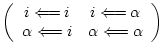 $\displaystyle \left( \begin{array}{cc}
i\Longleftarrow i & i\Longleftarrow \alpha \\
\alpha \Longleftarrow i & \alpha \Longleftarrow \alpha
\end{array} \right)$