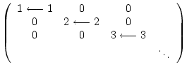 $\displaystyle \left( \begin{array}{cccc}
1\longleftarrow 1 &0&0& \\
0& 2\longleftarrow 2 &0 & \\
0& 0& 3\longleftarrow 3 & \\
& & & \ddots \end{array} \right)$