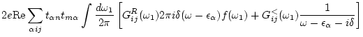 $\displaystyle 2e {\rm Re} \sum_{\alpha ij} t_{\alpha n} t_{m\alpha } \int \frac...
... _1) +
G_{ij}^<(\omega _1) \frac{1}{\omega -\epsilon _\alpha -i\delta } \right]$