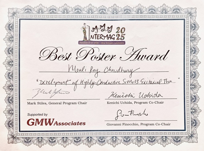 Mouli Roy Chowdhury, a former ICGP graduate student of Spintronics Group, received the Best Poster Award at the 2025 Joint MMM-Intermag