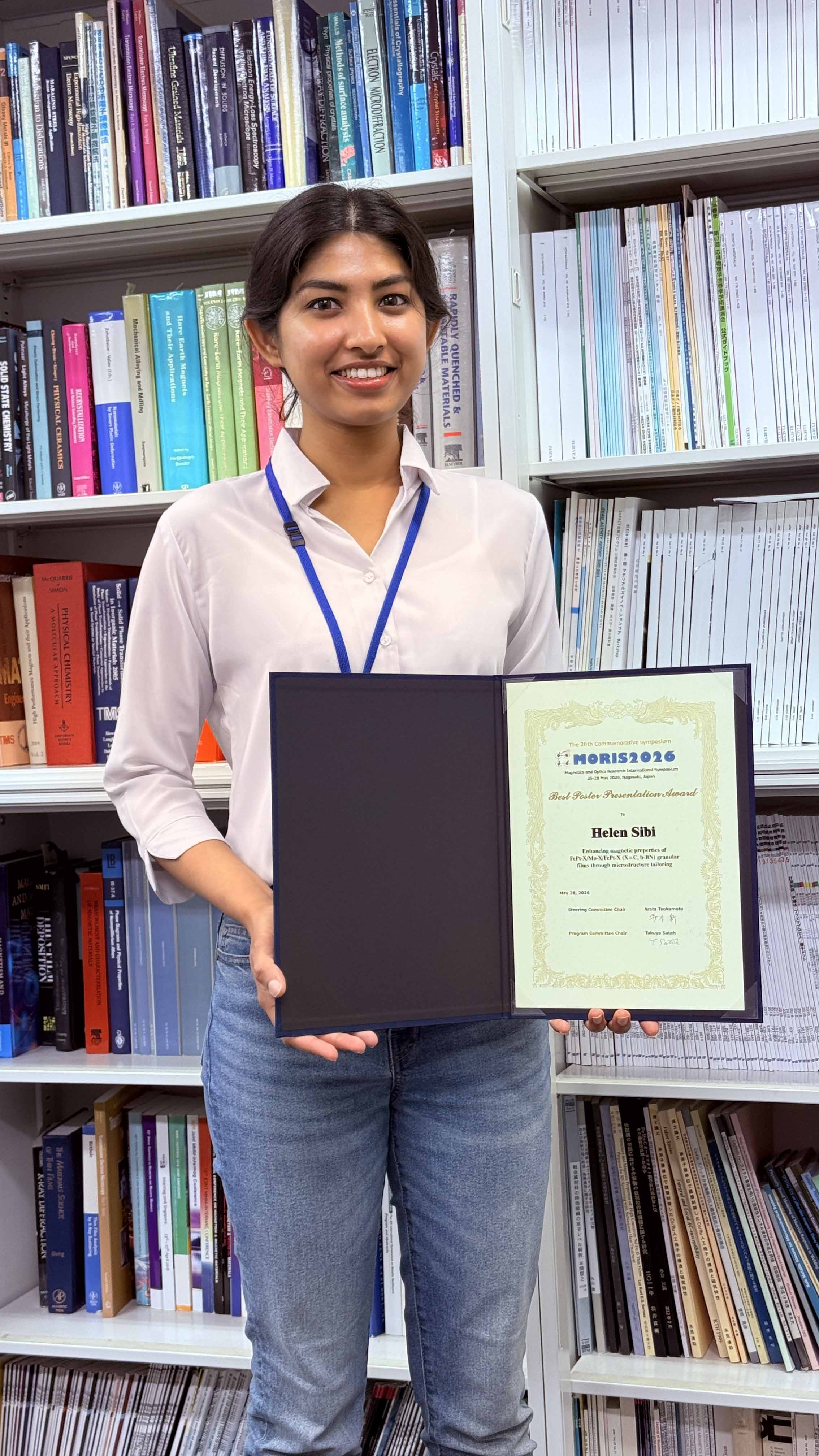 Ms. Helen Sibi, a NIMS Junior Researcher in the Magnetic Recording Materials Group, won the Best Poster Presentation Award at MORIS2026.01