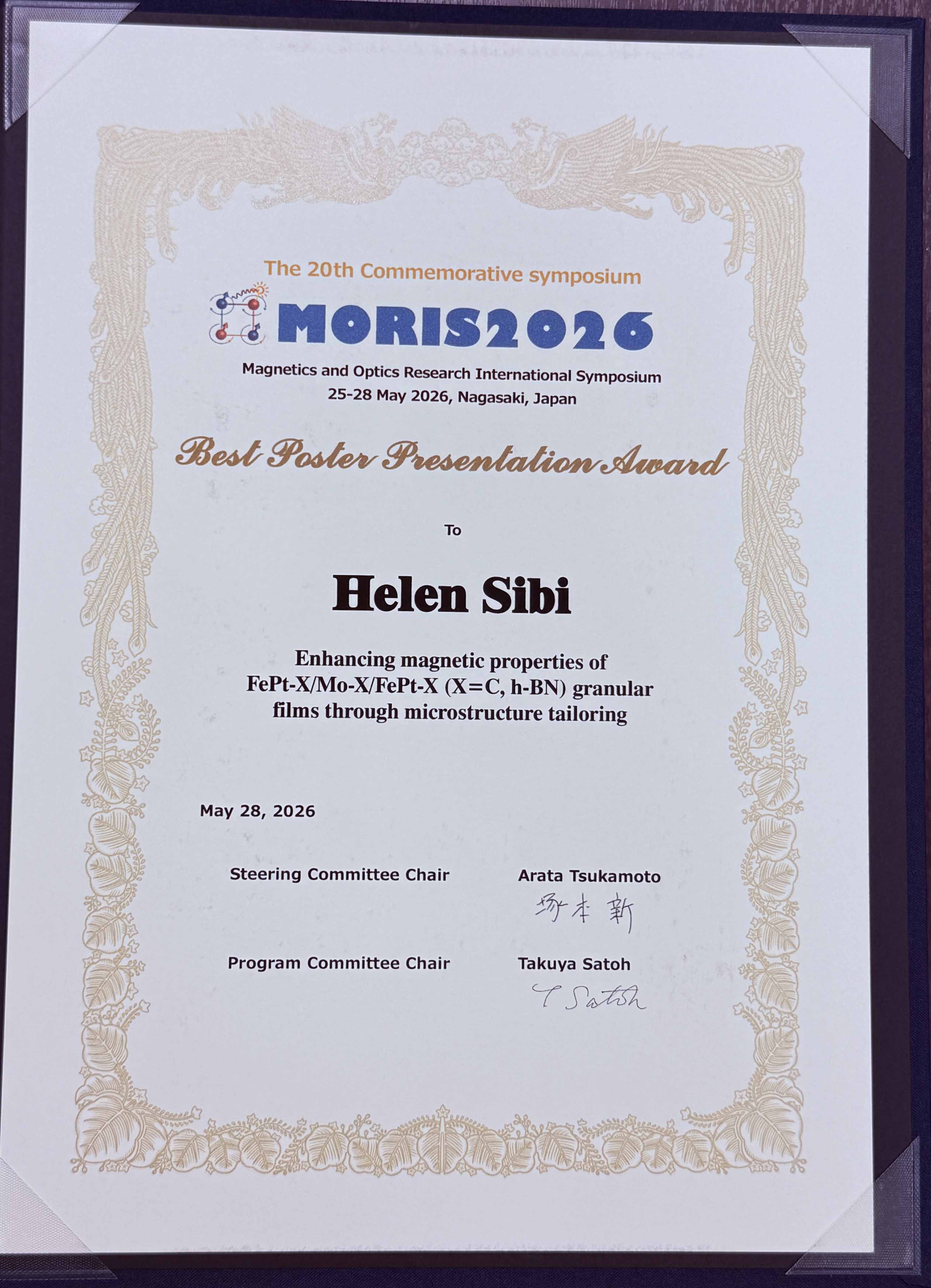 Ms. Helen Sibi, a NIMS Junior Researcher in the Magnetic Recording Materials Group, won the Best Poster Presentation Award at MORIS2026.02