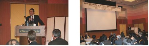 "left photo:Prof. Kishi, Vice President of the Science Council of Japan, gives welcome remarks. right photo:The workshop is held at Okura Frontier Hotel Tsukua." Image