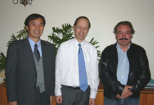 "From right to left; Prof. Michel Boussuge (ENSMP), Prof. Benoit LEGAIT (President of ENSMP), Dr. Yoshio Bando (Director of ICYS, NIMS)." Image