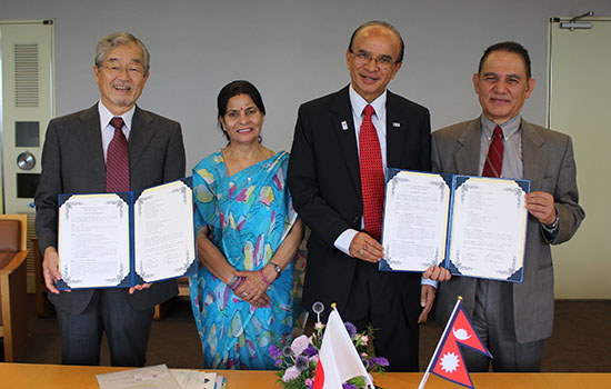 "(left) President Ushioda (center) Ambassador and Mrs. Bhattarai (right) VC Prof. Kafle" Image