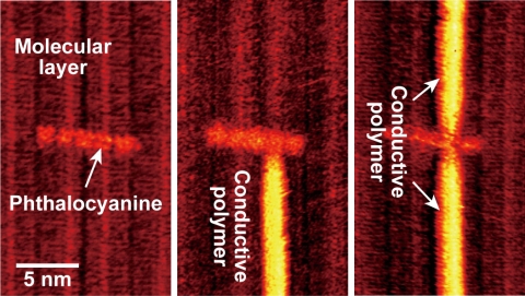 "Figure 2:Series of scanning tunneling microscope (STM) images demonstrating the chemical soldering to a single functional phthalocyanine molecule. The left image shows phthalocyanine molecules adsorbed on a molecular layer. Chain polymerizations were then initiated to connect one (center image) and two (right image) conductive polymers to a single phthalocyanine molecule. The created polymers are observed as bright lines in the images." Image