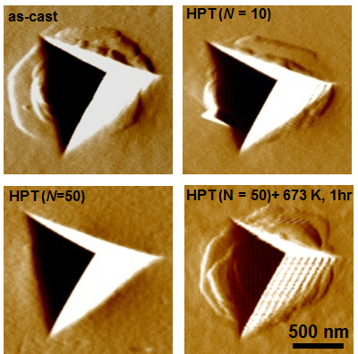 "Figure 2: Changes in scanning probe microscope images of nanoindentationmarks under straining by HPT and thermal annealing (400°C, 1hr)." Image