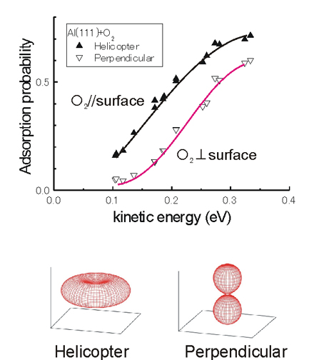 "Figure: Molecular alignment dependency in the O2 adsorption probability on an aluminum (111) surface. The O2 axis is mainly parallel (perpendicular) to the surface in the helicopter (perpendicular) geometry." Image