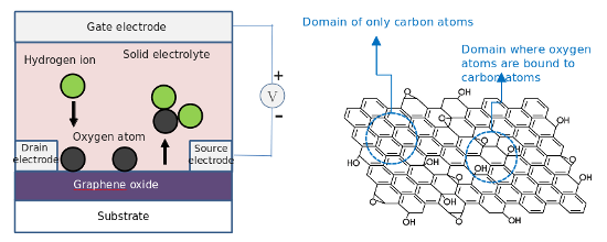 "Figure 1 (left): A device structure for tuning the band-gap of graphene oxideFigure 2 (right): The crystalline structure of graphene oxide, in which oxygen atoms (O) are bonded to the honeycomb graphene structure composed of carbon atoms." Image
