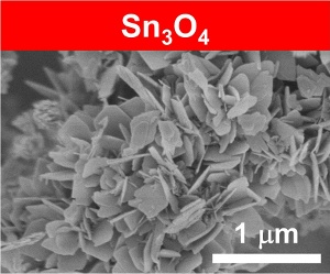 "Figure 1 from the press release material. Electron microscope imagery of Sn3O4 catalyst.  The synthesized material is a collection of microsized (one millionth of a meter) flaky crystals." Image