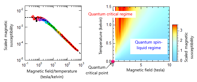 "Figure: (Left) Scaling plot of magnetic susceptibility. Vertical axis represents scaled magnetic susceptibility, and different colors on the curve stand for different conditions under which measurements were taken. As you can see, magnetic susceptibilities exhibit a universal scaling function (dotted curve) across wide ranges of temperatures and magnetic fields. (Right) Magnetic phase diagram. The red area (quantum critical regime) represents critical behavior of magnetic susceptibility near a quantum critical point at absolute zero temperature and zero magnetic field. Existing theories cannot explain the critical exponents we obtained." Image