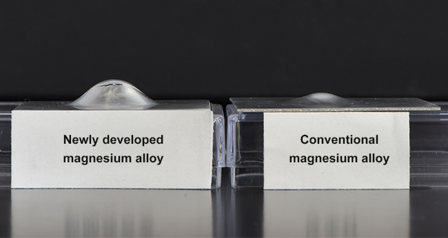 "Comparison of newly developed and conventional magnesium alloy sheets after they were subjected to Erichsen tests." Image