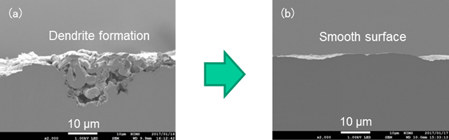 "Cross-sections of lithium metal anodes after batteries were subjected to cycle tests. (a) Conventional and (b) newly developed electrolytes" Image