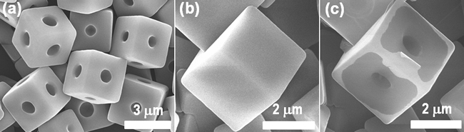 "Figure: Electron microscope images of fullerene C70 microcubes. (a) Cubes fabricated, (b) a cube with its pores closed and (c) a cube with its pores reopened." Image