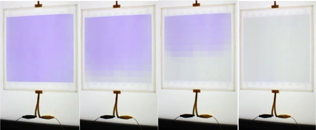 "Figure: Dimming glass (20cm x 20cm) whose darkness can be varied from a completely darkened state (left) to a completely clear state (right)" Image