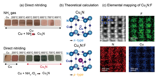 "Figure (a) Copper and Copper Nitride. (b) Theoretical Calculation for P-type and N-type Copper Nitride. (c) Direct Observation of Fluorine Position in Fluorine-doped Copper Nitride." Image