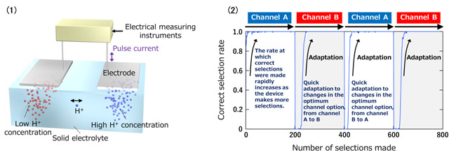 "Figure 1. Schematic diagram of an ionic device  capable of learning and decision-making using electrochemical phenomena induced by the movement of hydrogen ions.Figure 2. The ionic device  learns the current usage of communication channels A and B and quickly determines which should be assigned for a given transmission in order to achieve the most effective utilization of these channels. The diagram indicates optimum selections between channel A and B in relation to time." Image