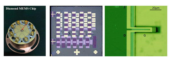 "Figure: Micrographs of the diamond MEMS chip developed through this research and one of the diamond cantilevers integrated into the chip." Image