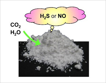 "Figure. (Left) Solid material capable of releasing hydrogen sulfide (H2S) and nitric oxide (NO) when exposed to air. (Right) Gas release mechanism." Image
