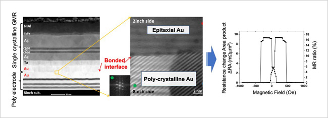 "Figure 5. Cross-sectional transmission electron micrographs of the bonded interface between the single-crystal GMR film device and the polycrystalline electrode wafer (two photos at left) and magnetoresistance measured in the device post-bonding (right)" Image