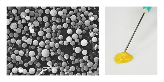 "Figure. (Left) Particles prepared using dodecyl group-modified, Alaska pollock-derived gelatin. (Right) Saline was added to the particles to prepare self-assembled particle-based injectable gel using a syringe." Image