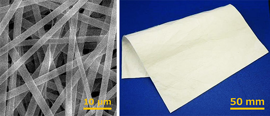 "Figure. Surgical wound dressing sheet composed of Alaska pollock gelatin modified with decanyl groups. (Left) Microstructure. (Right) Large sheet." Image
