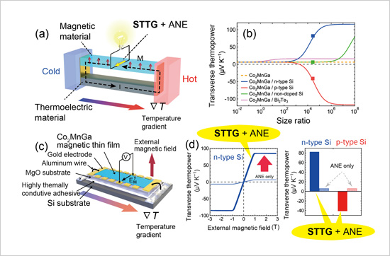 "Figure. (a) Schematic diagram showing the concept of Seebeck-driven transverse thermoelectric generation (STTG). The charge current induced by the Seebeck effect in the thermoelectric material generates a large thermoelectric voltage in the magnetic material in the direction perpendicular to a temperature gradient. (b) Transverse thermoelectric voltage as a function of the size ratio between the thermoelectric and magnetic materials. The solid curves were calculated using our phenomenological models describing the STTG and the square symbols were measured in the experiments. (c) Schematic of the sample structure. (d) Comparison between the transverse thermopower for plain Co2MnGa, in which only the anomalous Nernst effect (ANE) appears, and the Co2MnGa-Si hybrid structure, in which both STTG and ANE appear simultaneously." Image