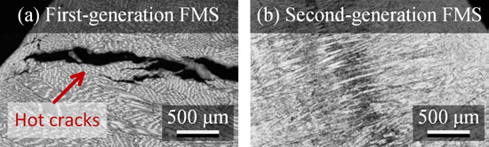 "Figure. Microstructures of the welded portions of the (a) first-generation and (b) second-generation FMS alloys" Image