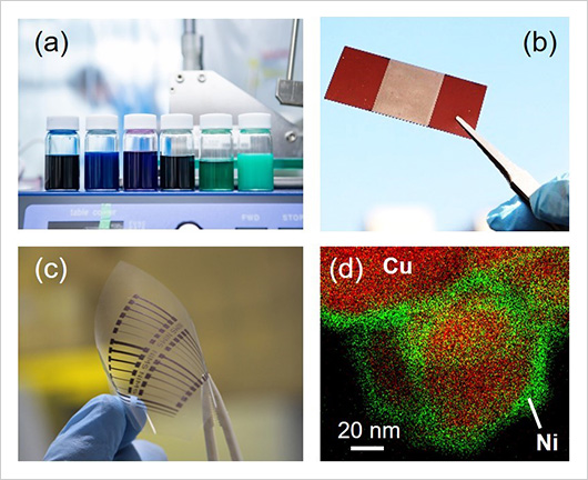 "Figure. (a) Inks composed of copper and nickel complexes. (b, c) Copper–nickel alloys printed on a polyimide film (b) and a transparent film (c). (d) SEM mapping image of a copper core–nickel shell nanostructure." Image