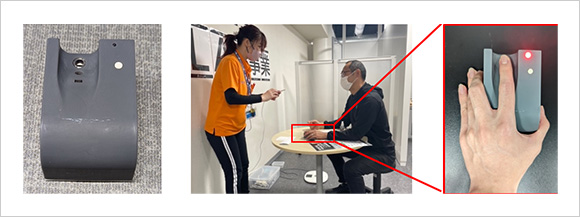 "Figure. Perspiration sensor developed by NIMS (left) and perspiration measurement in action (middle and right)" Image