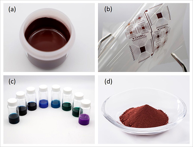 "Figure. (a) Thick-film conductive ink. (b) Flexible substrate with patterns printed on its surface using the thick-film conductive ink. (c) Variety of metal complex inks that are used to synthesize the thick-film conductive ink. (d) Copper particles." Image