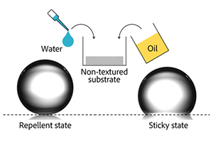 Droplets in repellent and sticky states are simultaneously observed on the same non-textured substrate. The repellent state is formed by first immersing the substrate in oil, and then casting a water droplet. The sticky state is formed by first casting a water droplet, and then immersing the substrate in oil. 