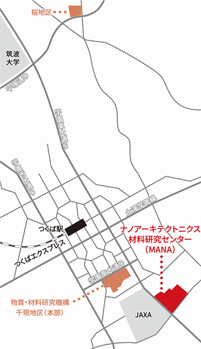 MANAを中心としてつくば駅から荒川沖駅までを含む概略地図