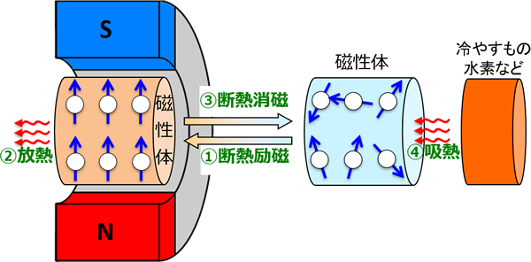 プレスリリース中の図1 : 磁気冷凍の原理図