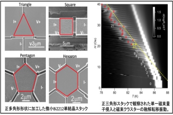 図1 メゾスコピック正多角形Bi2212高温超伝導体中の磁束量子状態 正三角形については、S.Ooi,et al.,Phys,Rev.B 100,144509(2019)