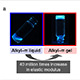 Figure. (a) Photographs of an alkyl–π liquid and an alkyl–π gel in vials. (b) Response of an alkyl–π gel-based vibration sensor to 17 Hz vibrations.