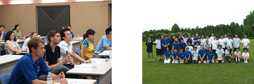 「写真左 : ディスカッションの様子、写真右 : サッカー親善試合 (IRC 3-2 NIMS)」の画像