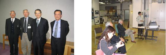 「左写真 : 左から 葉 清発 氏、呉 政忠 氏、岸理事長 (NIMS) 、北川理事 (NIMS) 右写真 : 材料信頼性センターを見学する様子」の画像